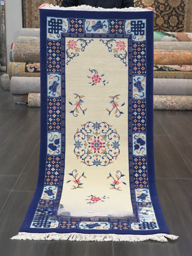 Chinese Art Deco Rug Beige Handmade Wool Rug 2.5×5.8ft